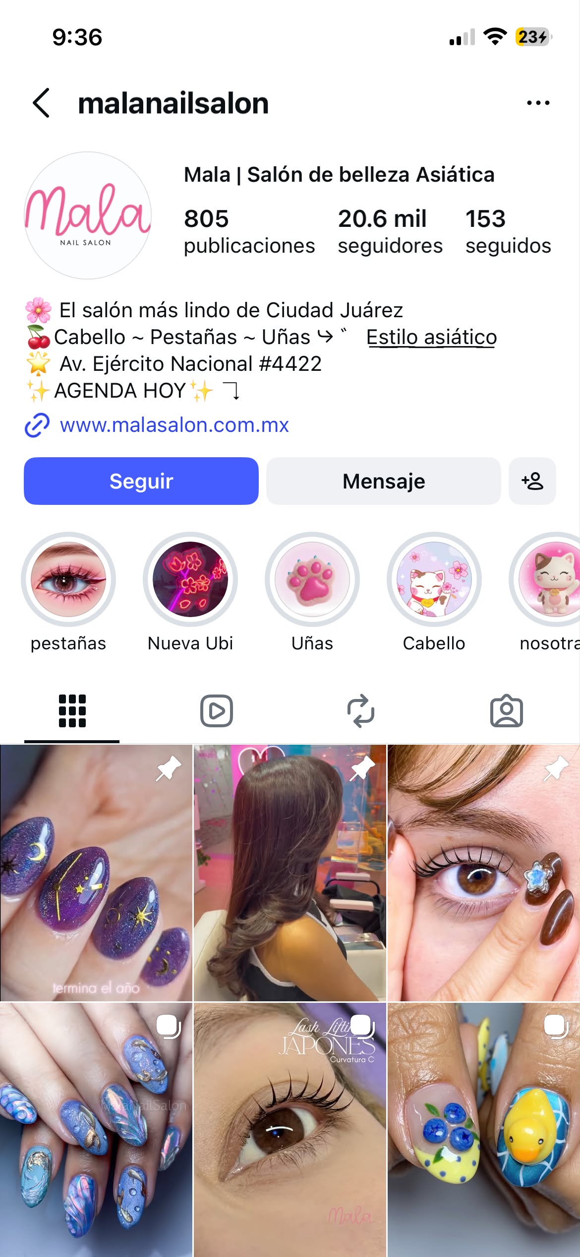 Instagram de Mala Salon en vista móvil