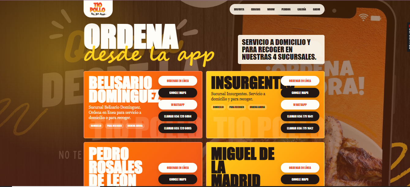 Aplicación de pedidos en línea para Tío Pollo
