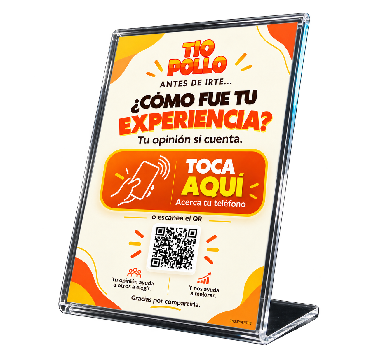 Cartel de opiniones de Tío Pollo, sucursal Insurgentes, con contacto TAP instantáneo y QR