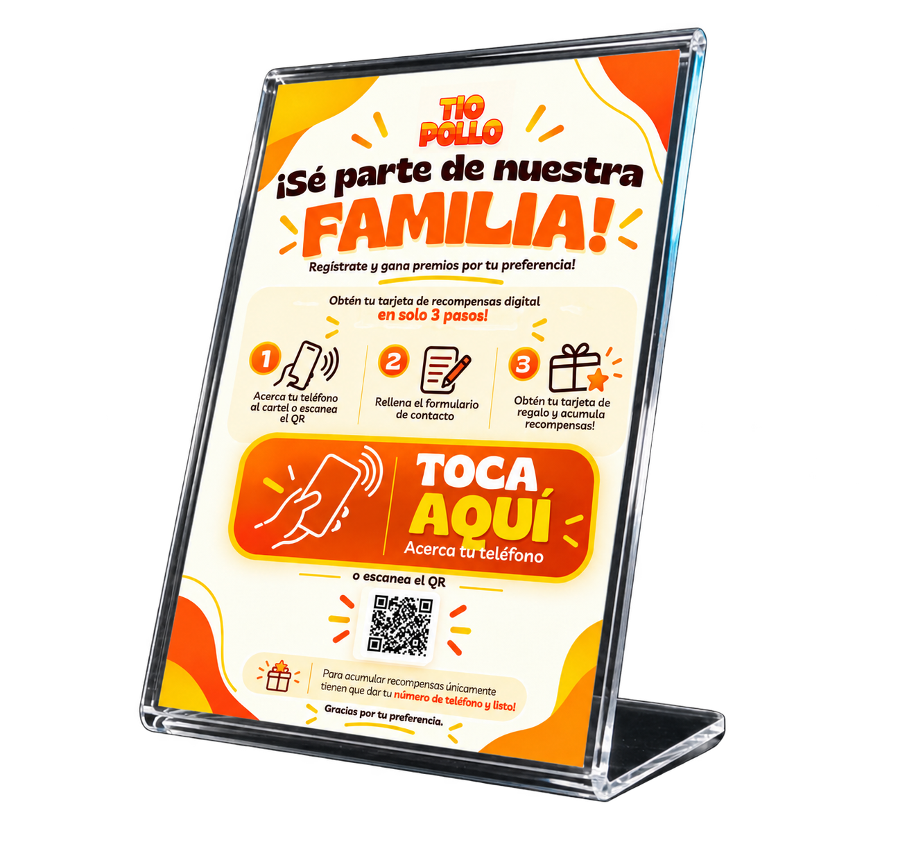 Cartel acrílico personalizado de Tío Pollo con acceso a su programa de recompensas
