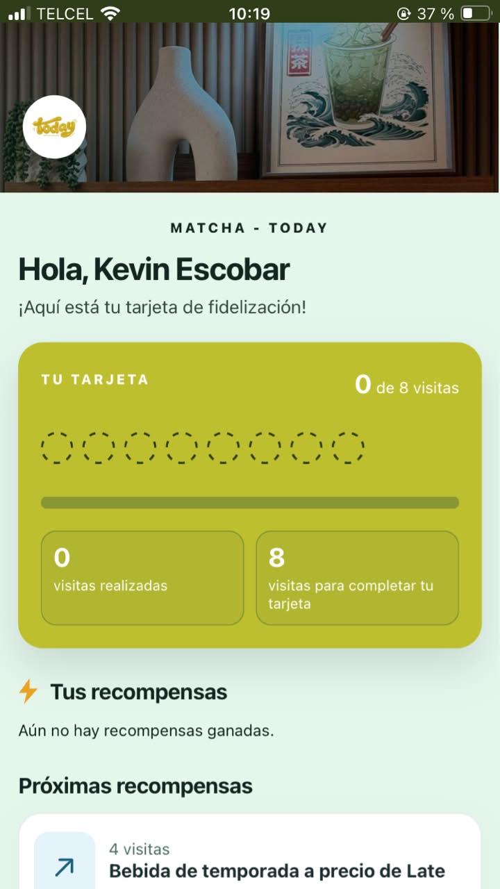 Ejemplo de tarjeta digital Today Matcha: muestra las visitas acumuladas y la meta de ocho visitas