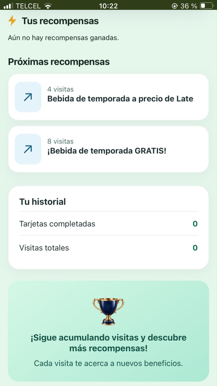Ejemplo de recompensas Today Matcha: beneficios definidos para cuatro y ocho visitas