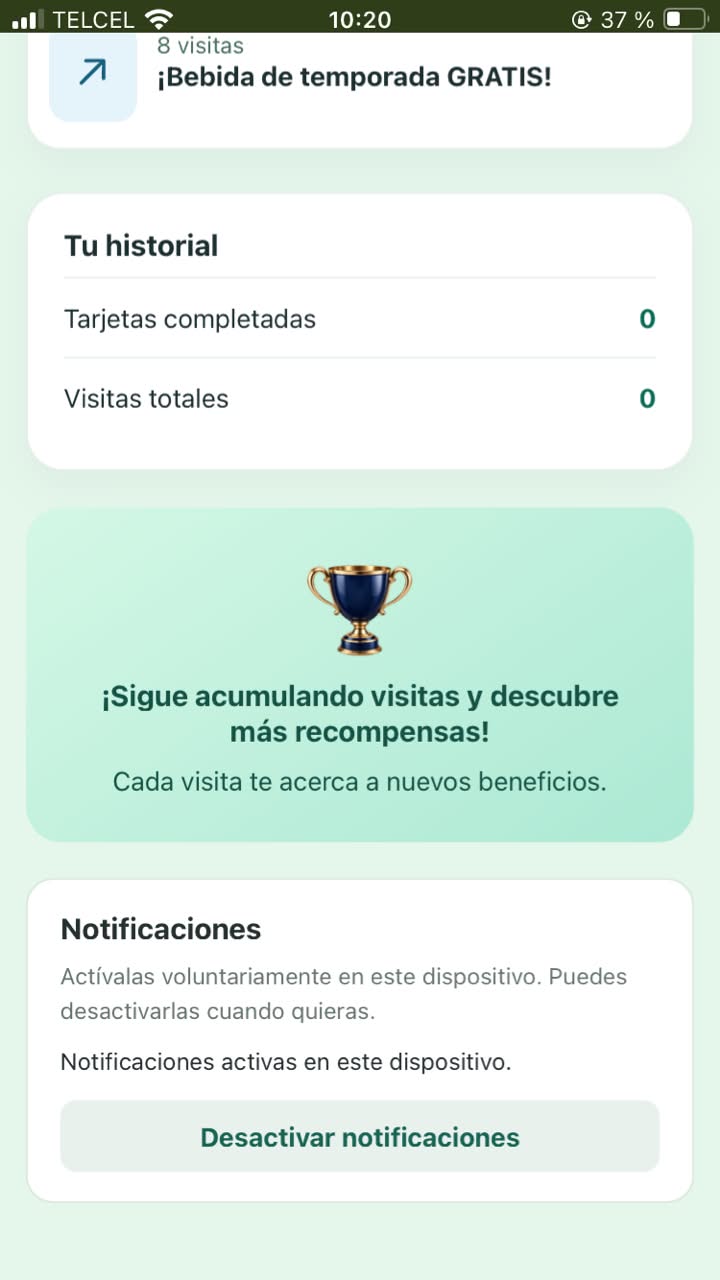 Ejemplo de la opción para gestionar notificaciones de la tarjeta digital Today Matcha